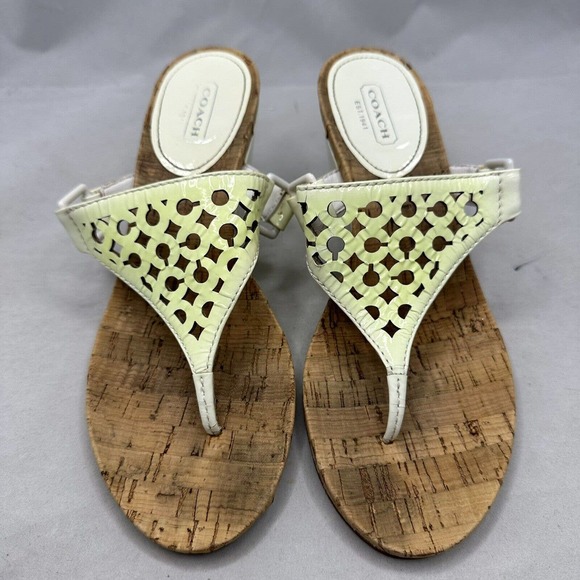 Coach Brook Off White Patent Leather Signature C Wedge Sandals Cork Women 7.5B - Picture 3 of 7